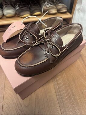 Miu Miu Brown Leather Boat Shoes